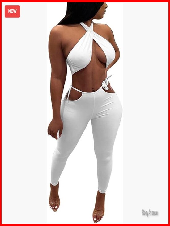 Pants - Halter Crop Top & Bodycon Pant Set Clubwear Jumpsuit